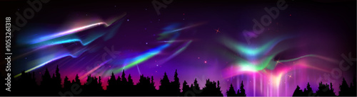 Northern aurora light. Green borealis in night sky. Arctic polar gradient on north pole. Abstract finland bg with boreal landscape backdrop. Black tree design in fjord to travel illustration
