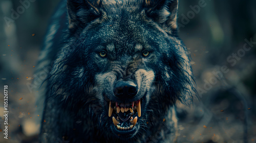 werewolf face closeup. evil looking dog wolf face portrait. black wolf. sharp teeth photo