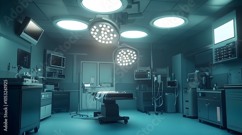 Highly detailed 3D rendered image of a state of the art hospital operating room filled with advanced medical equipment bright surgical lighting and a sterile