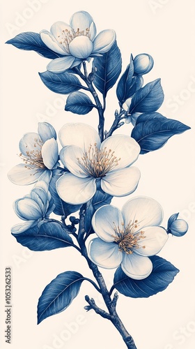 A delicate floral illustration featuring white blossoms and green leaves on a light background.