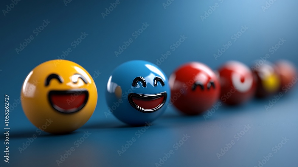 A row of colorful emoji balls, all smiling, against a blue background. A row of colorful emoji balls, all smiling, against a blue background.