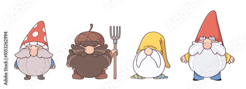 Garden dwarf from Thanksgiving fairytale cartoon. Mushroom and acorn funny character with hat, big nose, beard and mustache. Mythology figurine mascot clipart design for children fairy tale.