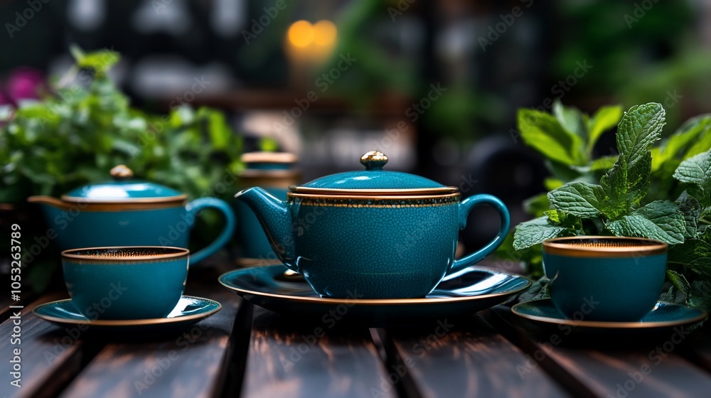 Teal teapot and cups set on a wooden table with mint plants.