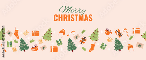 Lovely hand drawn horizontal seamless pattern with christmas tree, cap, mittens, cup of cocoa, gift boxes, socks, holly - cute xmas background, great for textiles, banners, wallpapers, card 