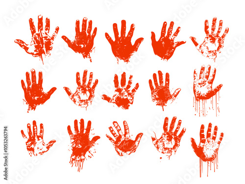 Blood handprint art collection ink sketch vector set. Splatter fingerprints finger grunge red horror crime eerie maniac murderer distressed marks forensic evidence scary isolated illustrations