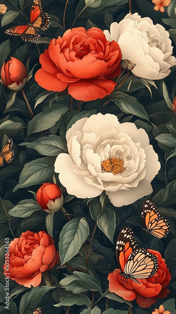 A floral arrangement featuring red and white peonies with butterflies on a dark background. A floral arrangement featuring red and white peonies with butterflies on a dark background.