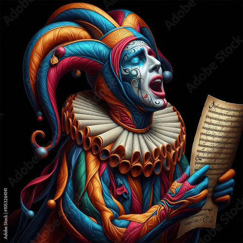 Portrait of a medieval Jester isolated on black background.