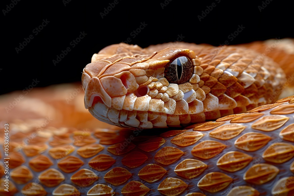 Detailed Close-Up of a Coiled Snake Highlighting Textured Scales and Sinuous Form Detailed Close-Up of a Coiled Snake Highlighting Textured Scales and Sinuous Form