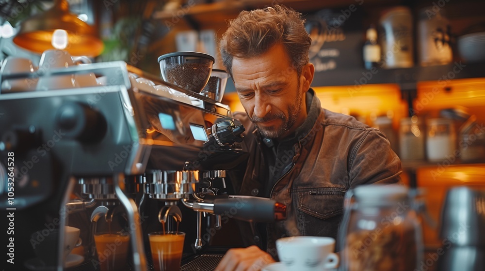 Barista Brewing Coffee in Cozy Cafe Barista Brewing Coffee in Cozy Cafe
