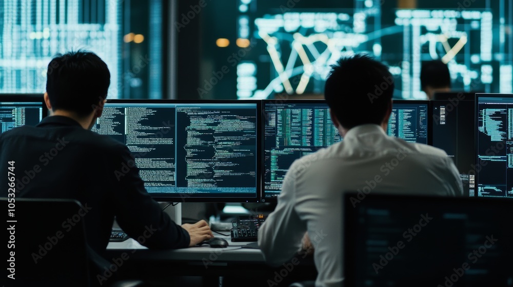 Asian software developers working on multiple screens displaying code and application diagrams in a modern office Asian software developers working on multiple screens displaying code and application diagrams in a modern office