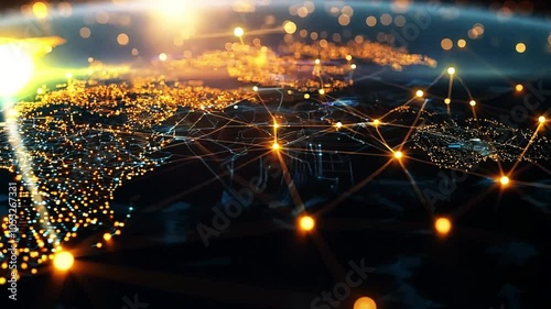 Global Network: Illuminated Earth with glowing connections. A mesmerizing visualization of global connectivity, showcasing the intricate network of communication and data flow across the continents.