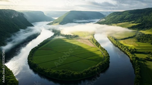 Serene River Meander: An aerial view captures the breathtaking beauty of a meandering river carving a heart-shaped island, shrouded in morning mist.