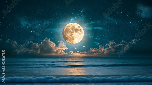 Full Moon Over Ocean at Night, night sky, waves, beach, starry night, moonlight