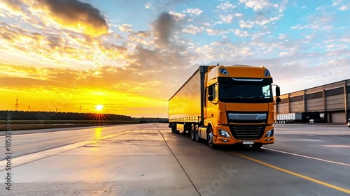 Semi-Truck at Sunset: A yellow semi-truck, bathed in the warm glow of a setting sun, drives along a paved road towards a warehouse.  The scene evokes a sense of travel, logistics.
