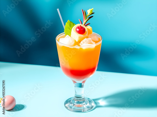 Cocktail with orange, cherry and mint on a blue background