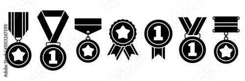 Medal Icon Set. Collection black line of Achievement Award Medal with Ribbon Icons Military, sport, gold, silver, bronze, certificate, champion, winner, rank, trophy flat isolated on white background.