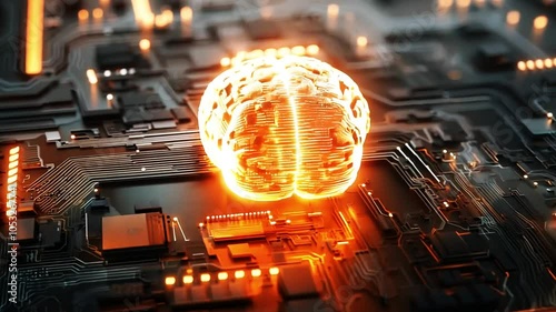 Brainpower:  A glowing human brain rests on a complex circuit board, symbolizing the intersection of human intellect and artificial intelligence.