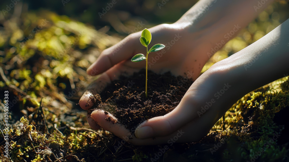 Fototapeta premium Hands Nurturing a Small Green Seedling in Soil