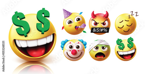 Emoji rich emoticon character vector set. Emojis wealth and prosperous yellow emoticons with birthday clown, devil, sleepy, clown and sick facial expression graphic elements collection. Vector 