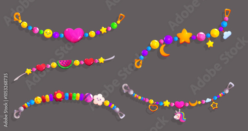 Friendship bracelets set isolated on black background. Vector cartoon illustration of colorful jewelry with beads, heart, star, watermelon, flower, unicorn charms, handmade accessory, teen fashion