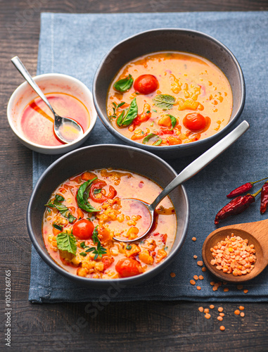 Wallpaper Mural Turkish Red Lentil Soup (Kırmızı Mercimek Çorbası) with vegetables, tomatoes. mint, cumin and spicy olive oil. Mediterranean healthy recipes vegetarian cuisine Torontodigital.ca