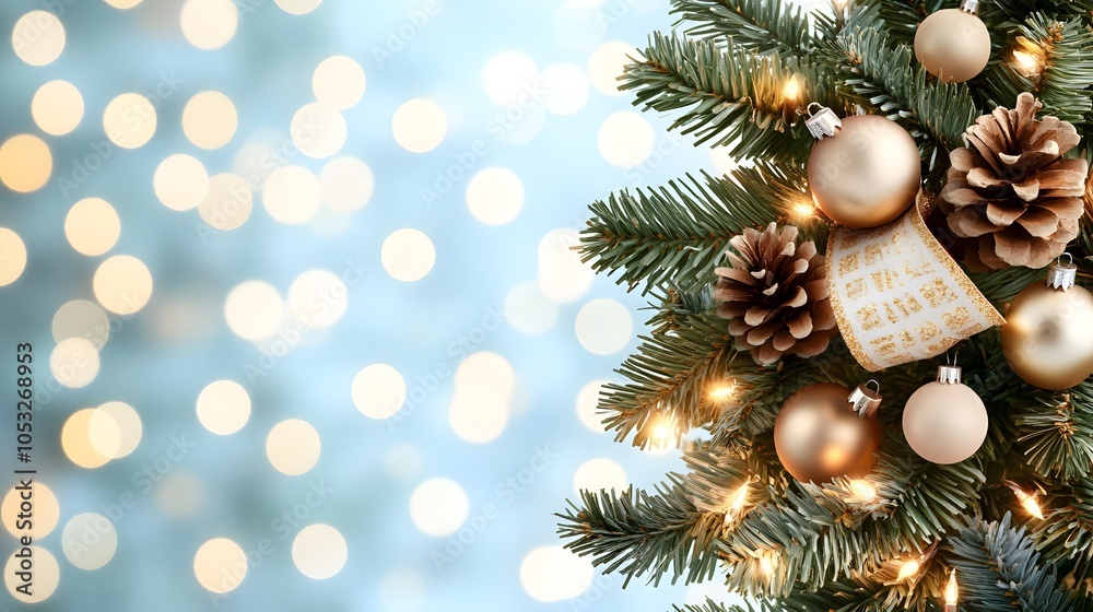 Obraz premium A beautifully decorated Christmas tree branch adorned with ornaments, pinecones, and warm lights against a soft, blurred background.