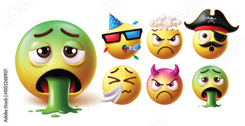 Emoji vomiting face character vector set. 3d emoticon characters in sick and disgust facial expression with birthday clown, angry, pirate, crying, devil and vomit yellow icon faces collection. Vector 