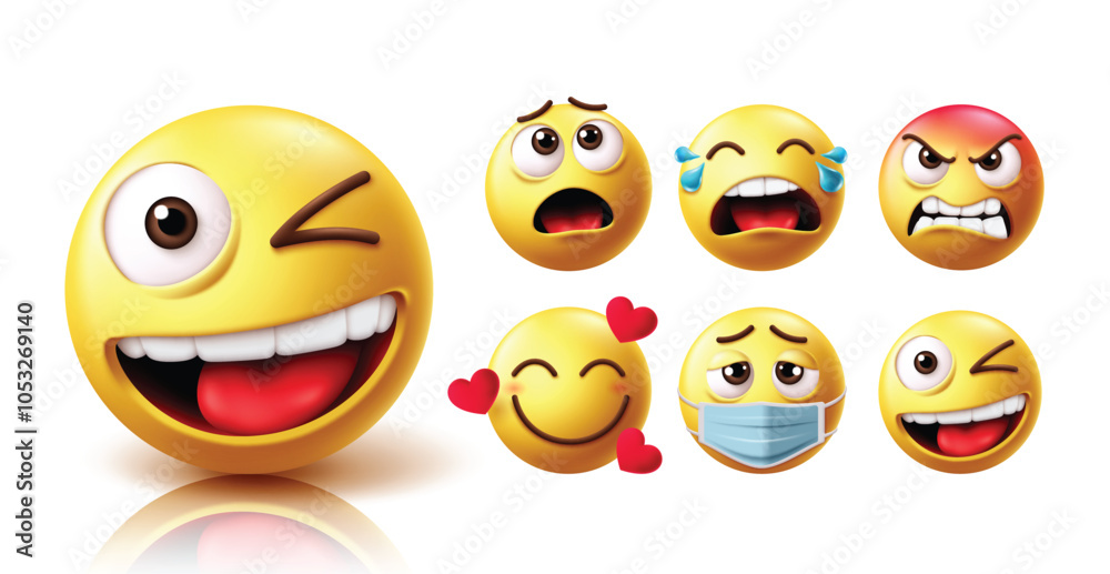 Emoji winking face character vector set. Emojis wink, blink and cute face emoticon with shock, crying, angry, in love, sick and winking facial expression collection elements in white background. Emoji winking face character vector set. Emojis wink, blink and cute face emoticon with shock, crying, angry, in love, sick and winking facial expression collection elements in white background.
