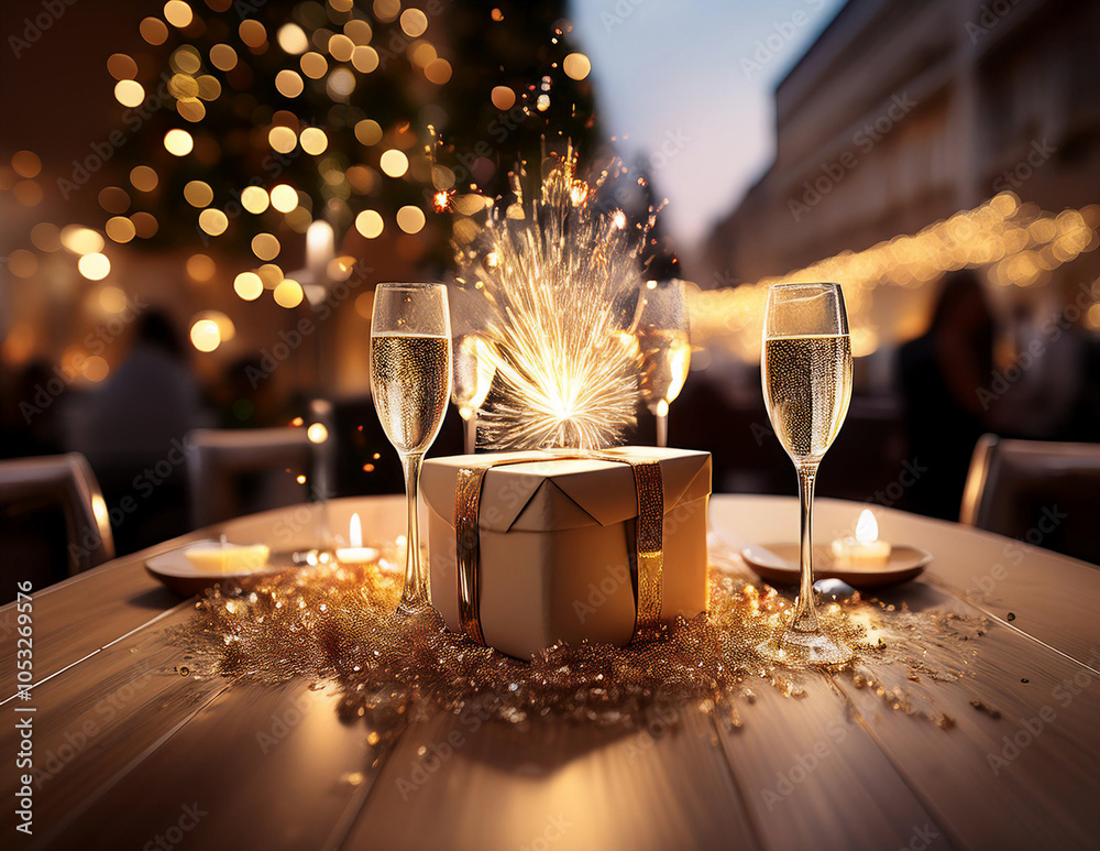 Sekt , Geschenk und Wunderkerze auf einem Tisch