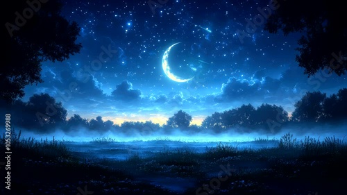 A serene night landscape featuring a crescent moon, stars, and misty fields. Seamless looping 4k video animation background 