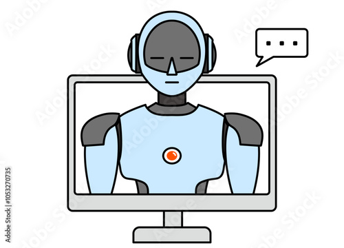 PCから飛び出るシンプルなアンドロイド型ロボットのイラスト