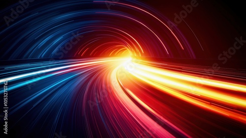 Dynamic light trails in vibrant colors create a sense of motion and speed against a dark background.