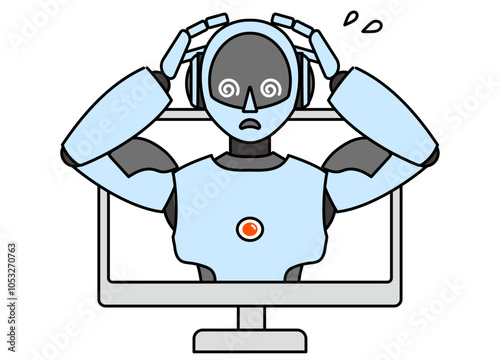 PCから飛び出るシンプルなアンドロイド型ロボットのイラスト