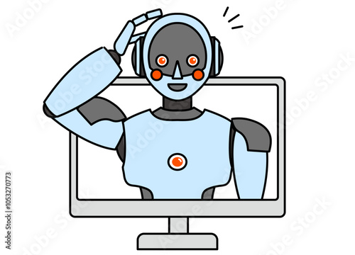 PCから飛び出るシンプルなアンドロイド型ロボットのイラスト