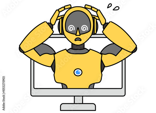 PCから飛び出るシンプルなアンドロイド型ロボットのイラスト