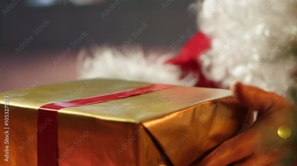 Saint Nicholas decorates many presents with ribbons and bows in his rustic log cabin. Santa Claus with red suit uses colorful wrapping paper for Christmas gifts at the North Pole. Camera A.