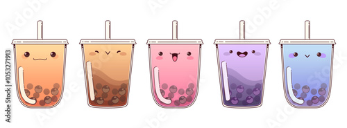 Colorful boba drinks with cute kawaii expressions. Cartoon vector set of tea plastic cups with tapioca pearls, straws and different facial emotions. Sweet dessert beverage with chocolate balls.