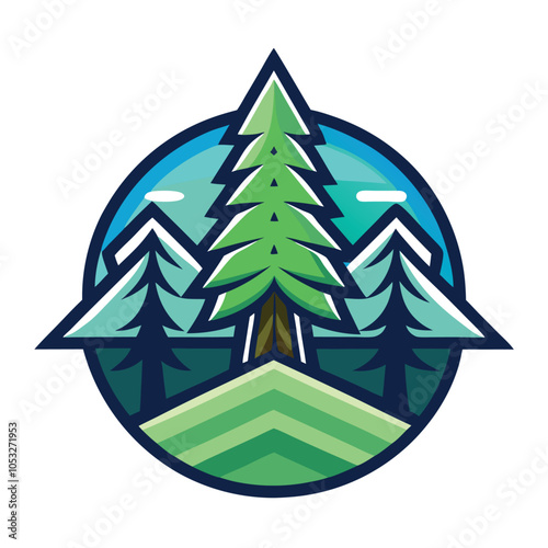 A stylized illustration of a pine tree surrounded by mountains with a blue sky behind.