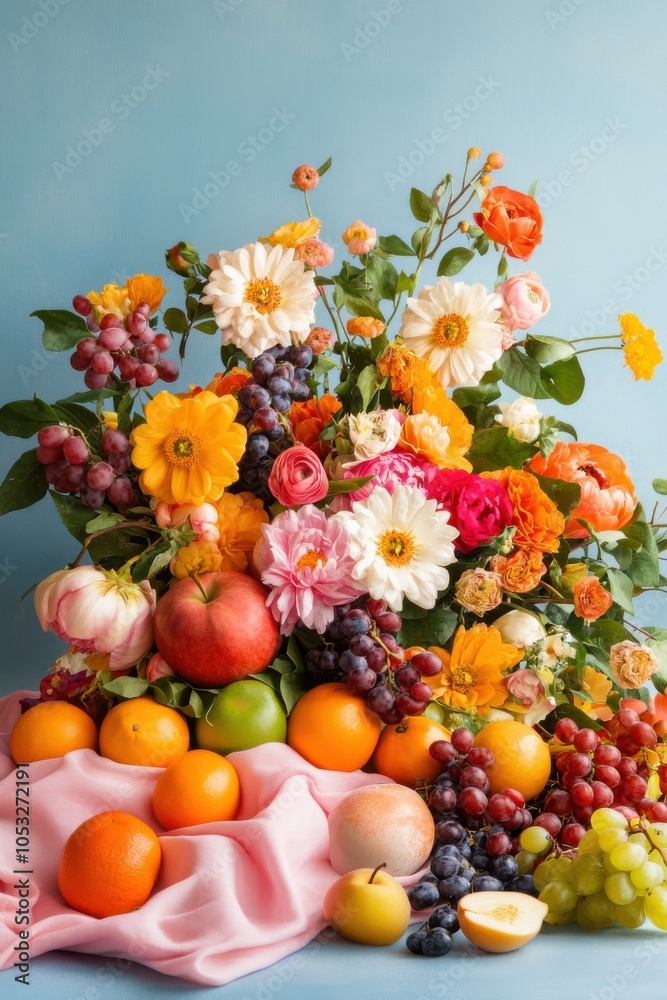 Elegant Still Life with Flowers and Fruits Arrangement Elegant Still Life with Flowers and Fruits Arrangement