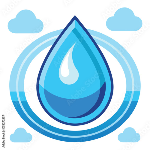 A cartoon illustration of a blue water drop with a cloud above and below it.