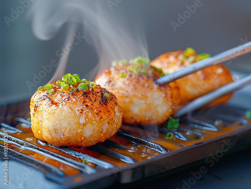 Takoyaki being flipped on a hot pan with a traditional pick photo