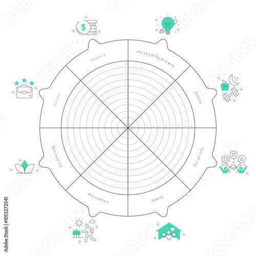 Wheel of life analysis diagram infographic with icon template has 8 steps such as social life, career, finance, family, relationships, personal development, spiritual and health. Life balance concept.