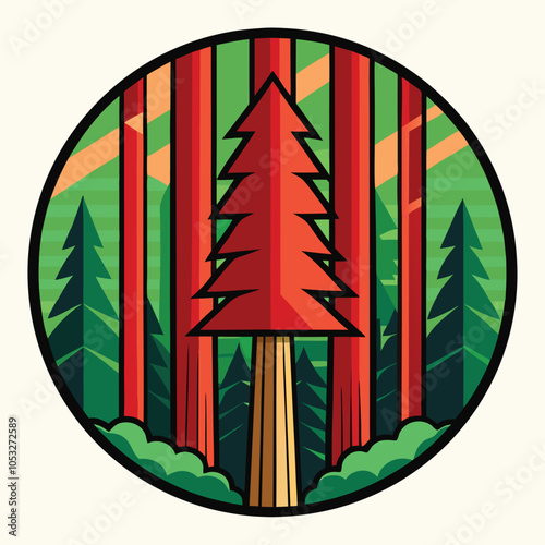 A stylized illustration of a red pine tree in a forest, surrounded by towering redwoods.