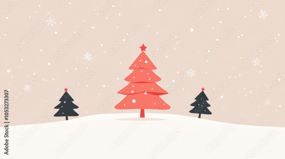 A red Christmas tree is surrounded by two black trees. The scene is set in a snowy landscape A red Christmas tree is surrounded by two black trees. The scene is set in a snowy landscape