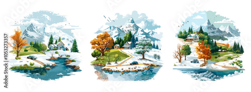 Countryside mountain season cartoon vector scenes. Mountains car hamlet tree frost hut winter autumn rural isolated illustrations