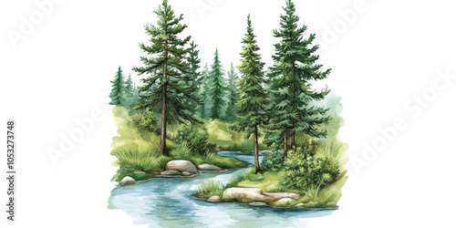 Illustration of a forest with pine trees and a river. on a white background