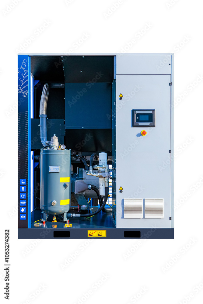 Powerful air compressor unit with visible internal components, highlighting its industrial design and functionality Powerful air compressor unit with visible internal components, highlighting its industrial design and functionality
