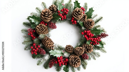 Rustic Christmas Wreath with Pine Cones and Berries: A timeless and festive Christmas wreath, adorned with pinecones and red berries, exudes warmth and holiday cheer.