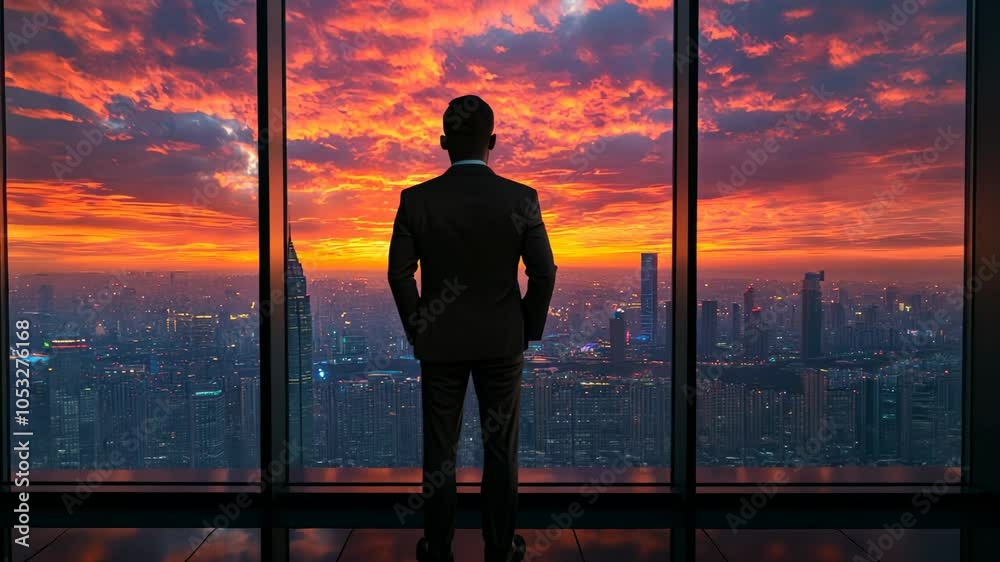 Businessman Looking at Cityscape at Sunset, silhouette, sky, clouds, window, glass