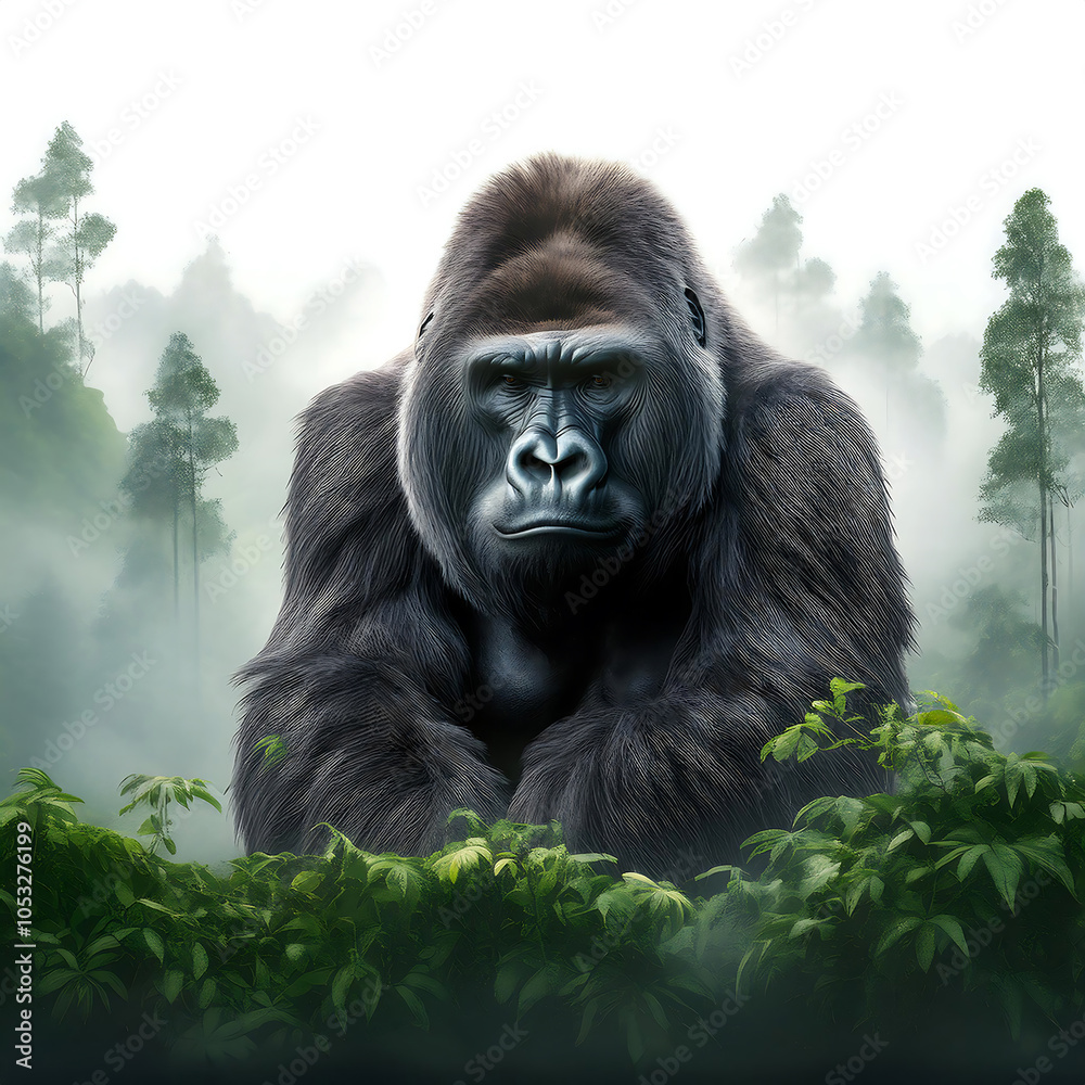 Obraz premium Gorilla in the jungle with mist illustration 